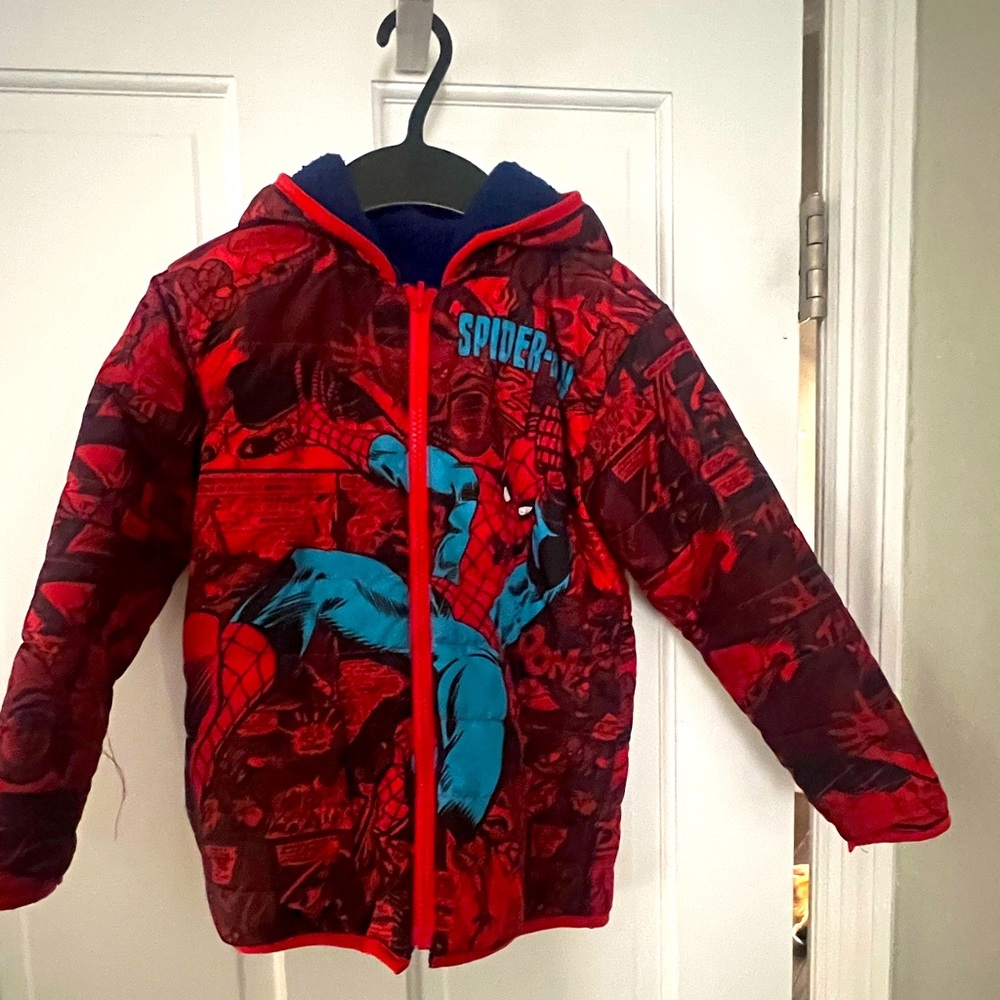 Reversable spiderman fleece jacket with school backpack